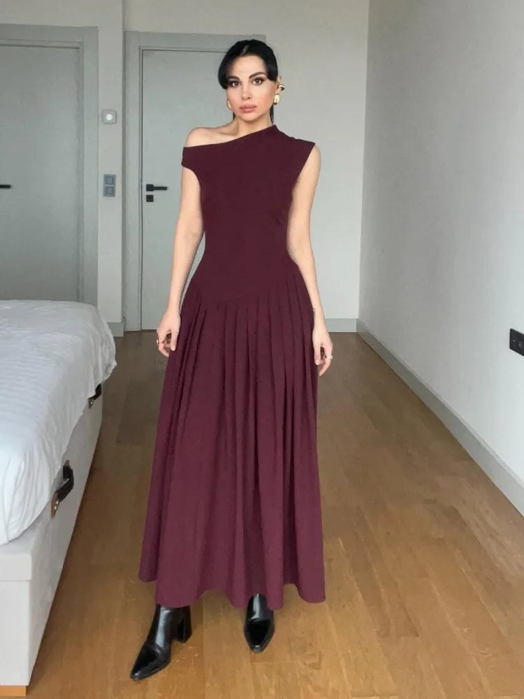 Elegant Wine Red Irregular Neck High Waist Pleated Hem