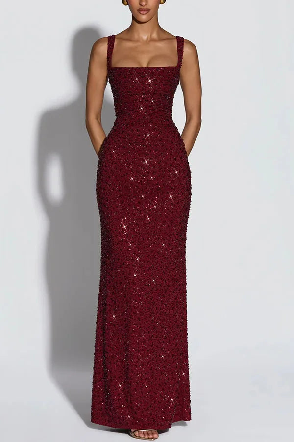 Women European American Sequin Cami Dress Sleeveless Tie Slim Fit Cocktail Party Evening Gown
