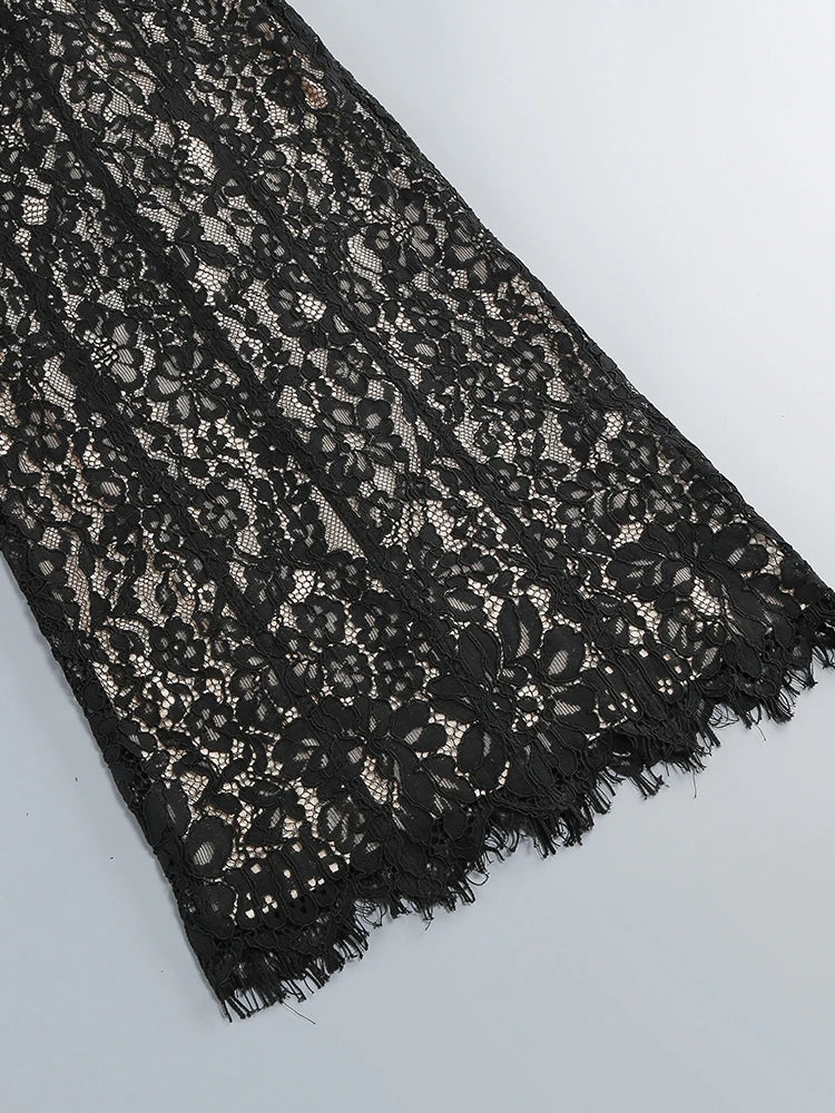 Sexy Spaghetti Strap V Neck Lace Long Dress Women Black Floral Lace Sleeveless Bodycon Dresses Elegant Evening Celebrity Party - Shellss