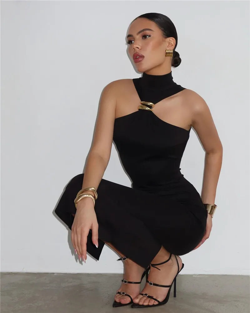 Gold ring twisted neck bodycon dress