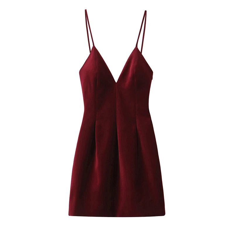 Retro Red Velvet Sling Dress For Women Elegant Vintage Dress Old Money