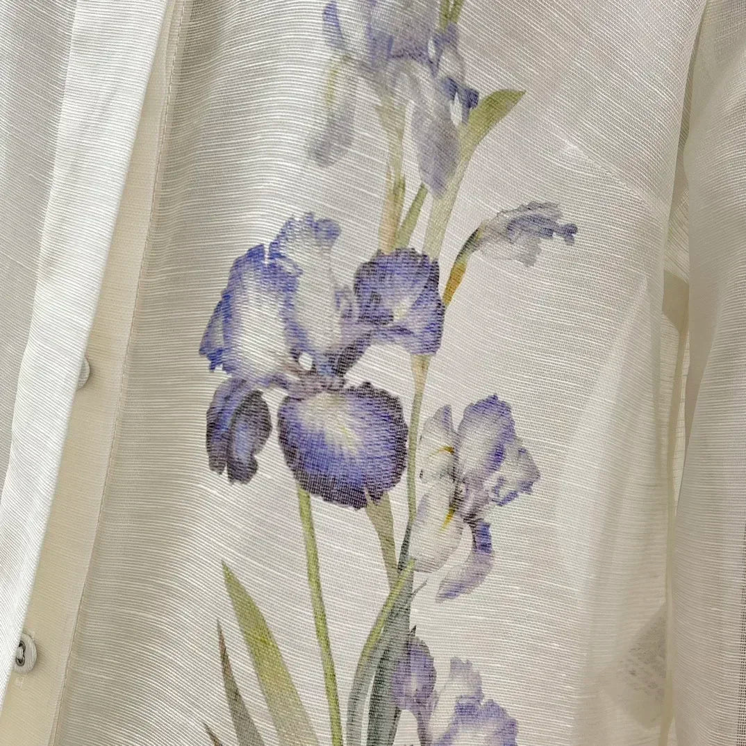 Top Quality Silk Linen White Blue Floral Print