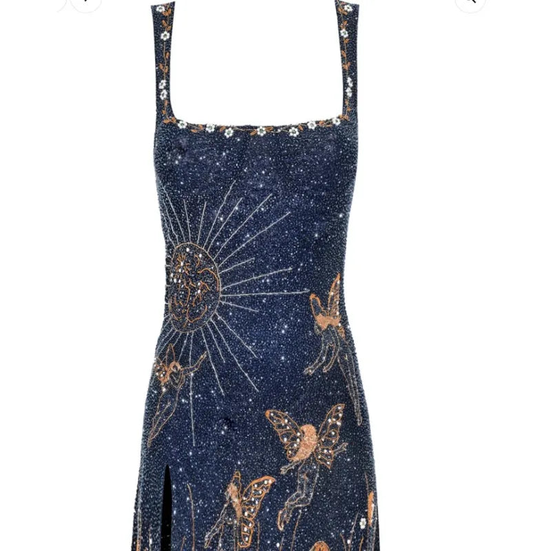 Women Pearl Embroidery Printing Printed Butterfly Sun Small Slit Short Dress Elegant Fashionable Sexy Suitable For Parties Dress