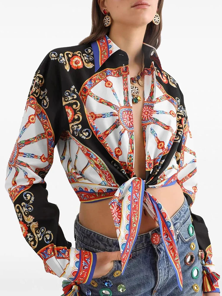 2026 Summer Women's Clothing Retro Geometric Print Sexy Suspender Lapel Shirt Two-piece Set + Shirring Loose Skirt Fashion Suit - Shellss
