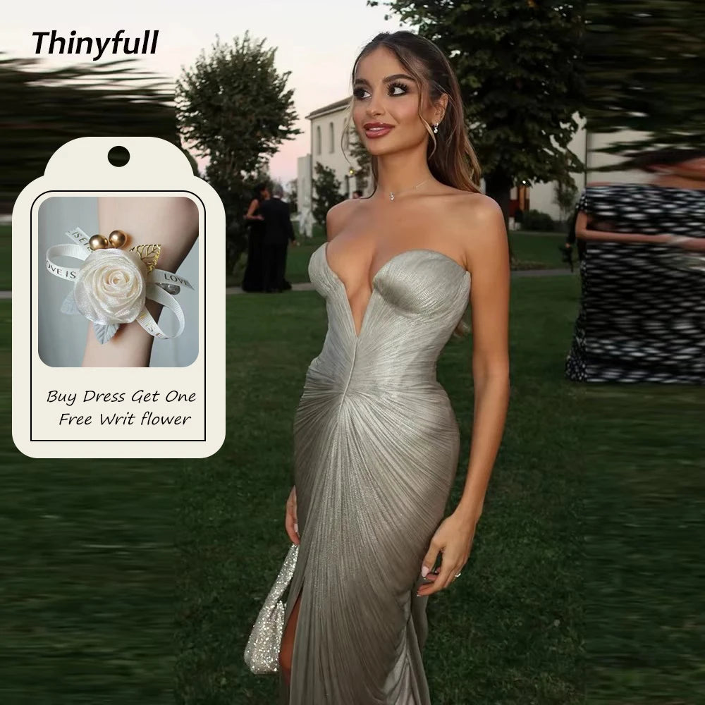 Thinyfull Mermaid Arab Glitter Satin Prom Dress Sleeveless Sweetheart Evening Dresses Split Prom Gown Robe De Soirée Customized