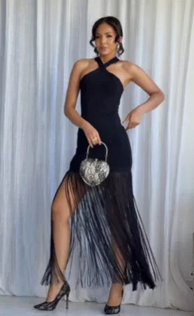 Party Tassel Dress halter neck celebrity