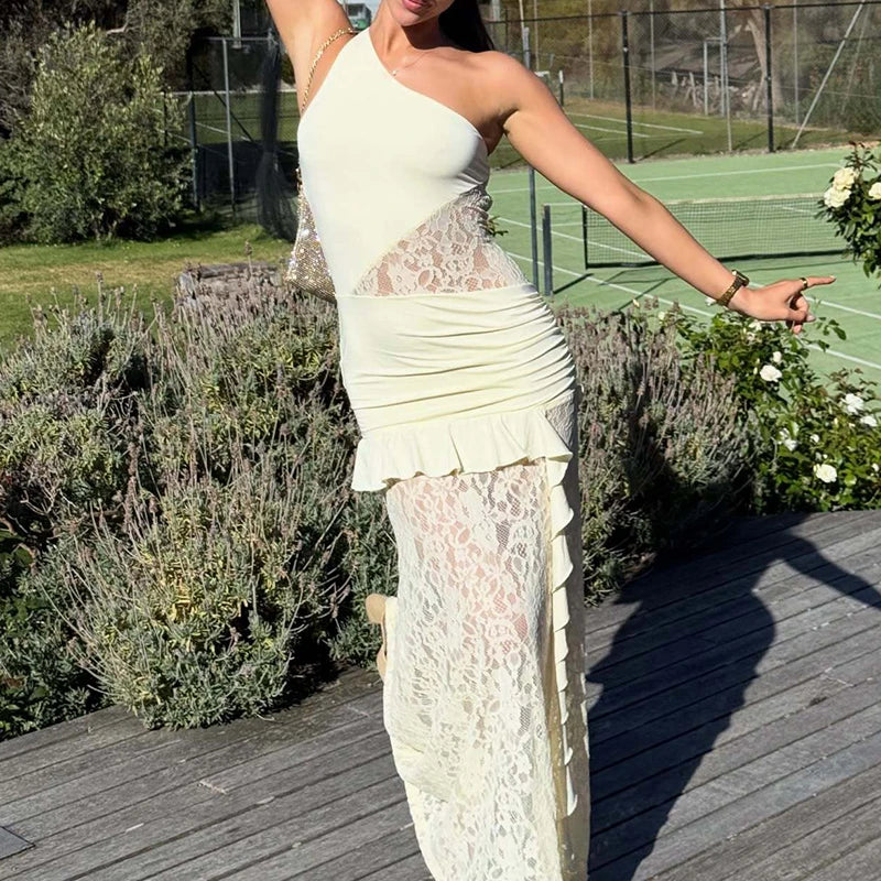 2026 Sexy Asymmetric Slimming Evening Dress Fashion Lace Patchwork Solid Color Women's Dress Elegant Lace Sleeveless Long Dress - Shellss