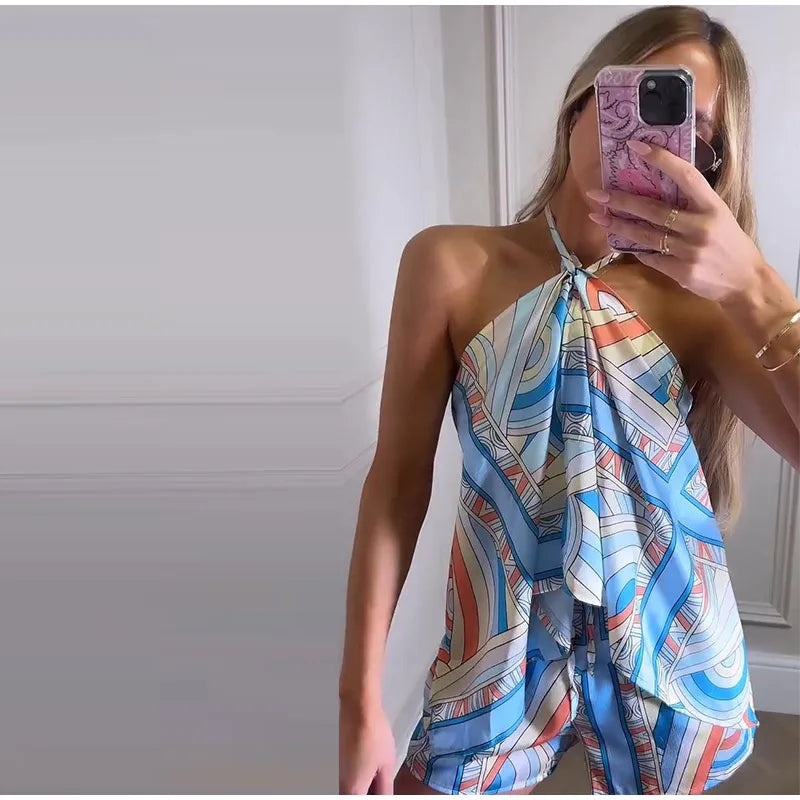 Sexy Women's Satin Printed Vest Shorts Set Lace Up Backless Strapless Crop Tops High Waist Short Pant 2026 Summer Beach Suit