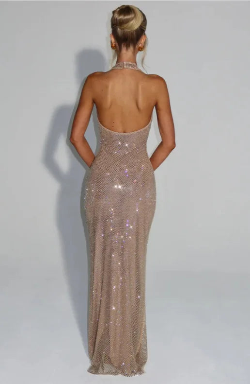 Backless Sequin Nightclub Sexy Party Dress Women Halter  Spring Summer Dress Slim Bodycon Maxi Long Dresses