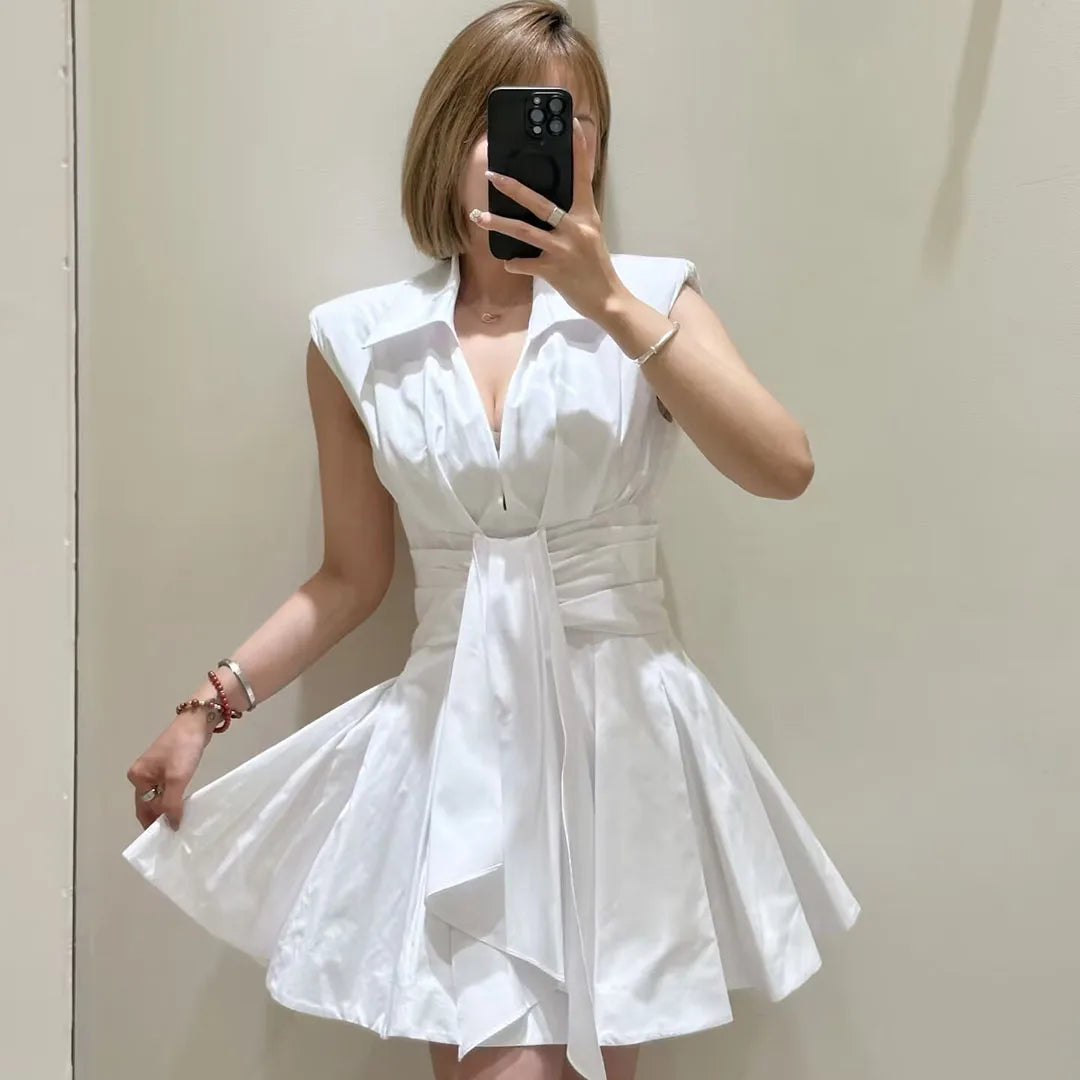 Elegant Fashion Summer White Dress Women Sweet Lapel Sleeveless Slim Wasit Lace-up Belt Mini Dresses