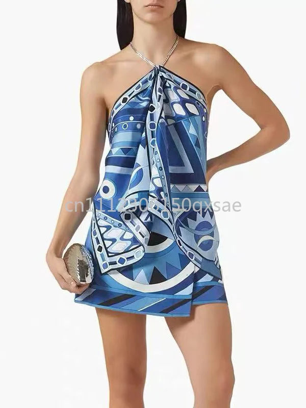 Luxury Design Women's Blue Dress Sets with Designer Signature Letter Logo Luxury Brand Lady Sexy Sleeveless Halter Tops Sets - Shellss