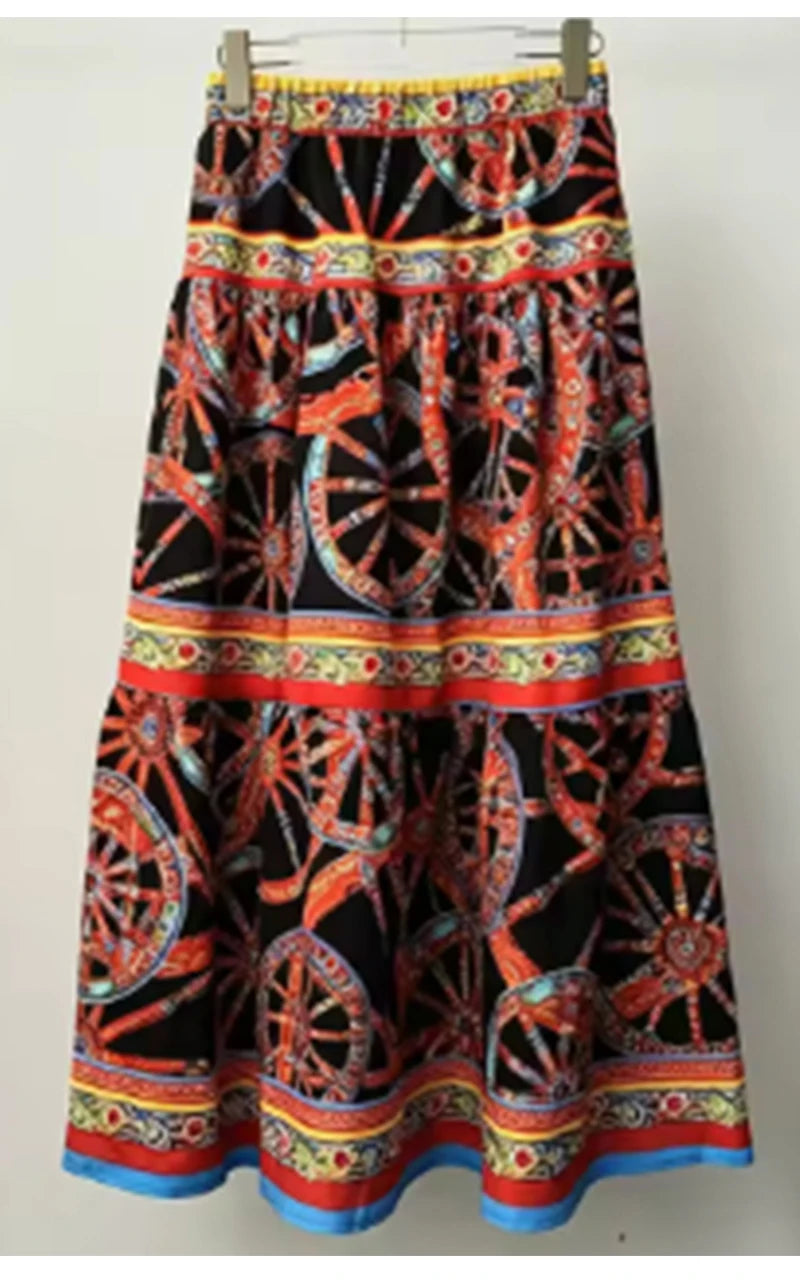 Women's Retro Lapel Single-Breasted Long-Sleeved Shirt Skirt Two-Piece Suit Elastic Waist Autumn Fashion Print Design Holiday We - Shellss