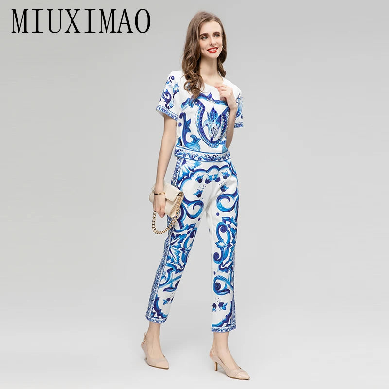 Sicily Set blue and white porcelain Print Top+ Pants Two-piece  Dolce