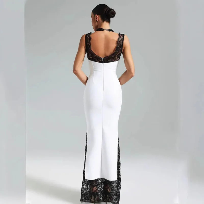 2026 Summer Fashion New Women's Elegant Lace Edge Strap Skirt Satin Splicing Sexy Temperament Bag Hip Split Dress