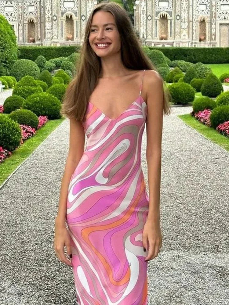 Sexy Printed Sling Long Dress Women Sleeveless Backless High Waist Slim Dresses Female 2026 Summer Beach Vacation Robes Lady