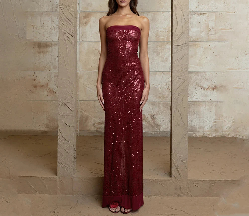 TWOTWINSTYLE Solid Slimming Fashion Dresses for Women Strapless Sleeveless Patchwork Sequins Midi Split Dress Female Clothing