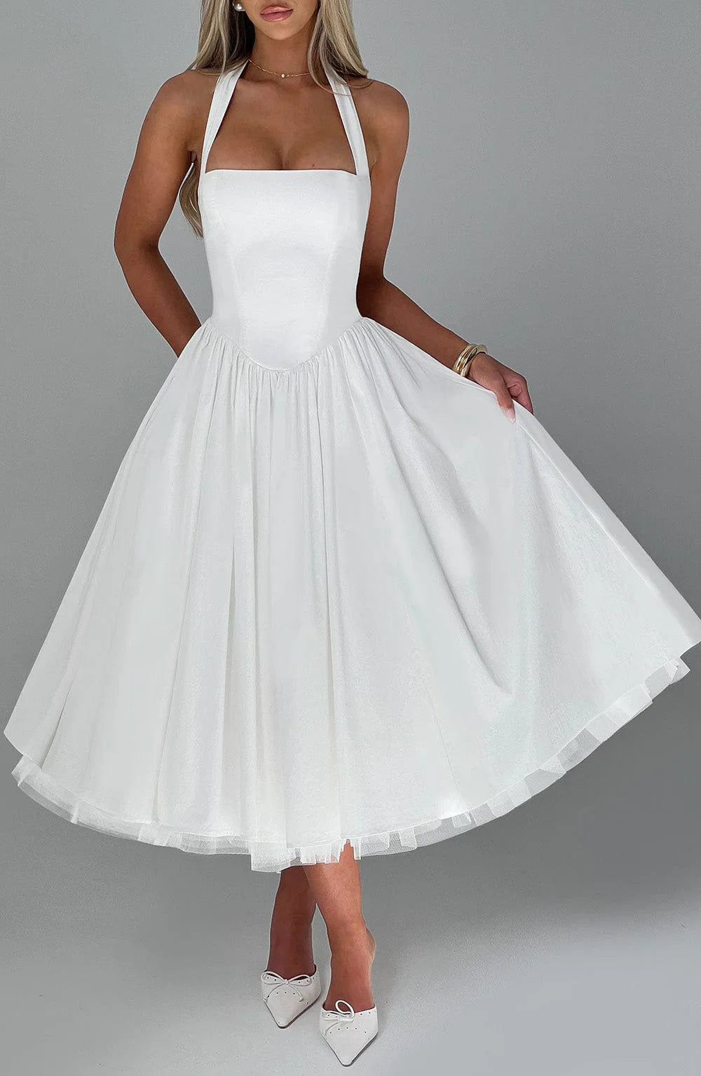 Luxurious Dress Vintage-Inspired Chic Puff-Sleeve Dress Lace-Up Pleated Tulle Dress Romantic-Elegant Evening Ruffle Gown - Shellss