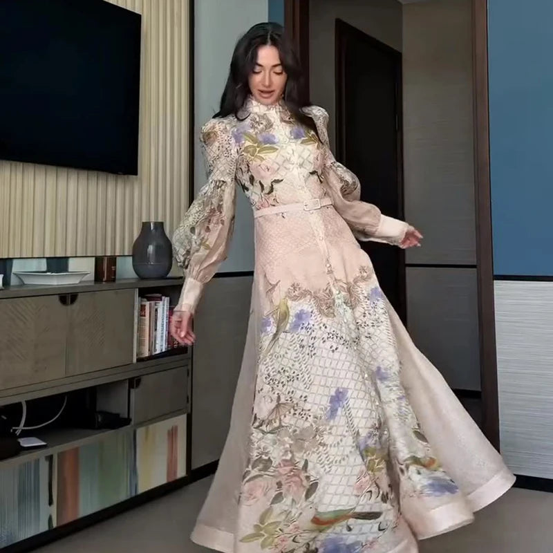 Floral Print Women Dress Button Down Mock Neck Maxi Dresses Long Lantern Sleeve A-Line Waist Belt Flared Hem Elegant Streetwear - Shellss
