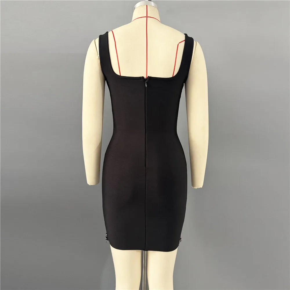 New sexy sleeveless diamond studded mid length dress, beaded tassel bandage dress, dance party dinner dress, short mini skirt