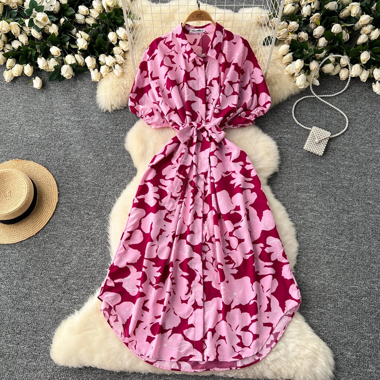 Vintage Satin Floral Pink Red