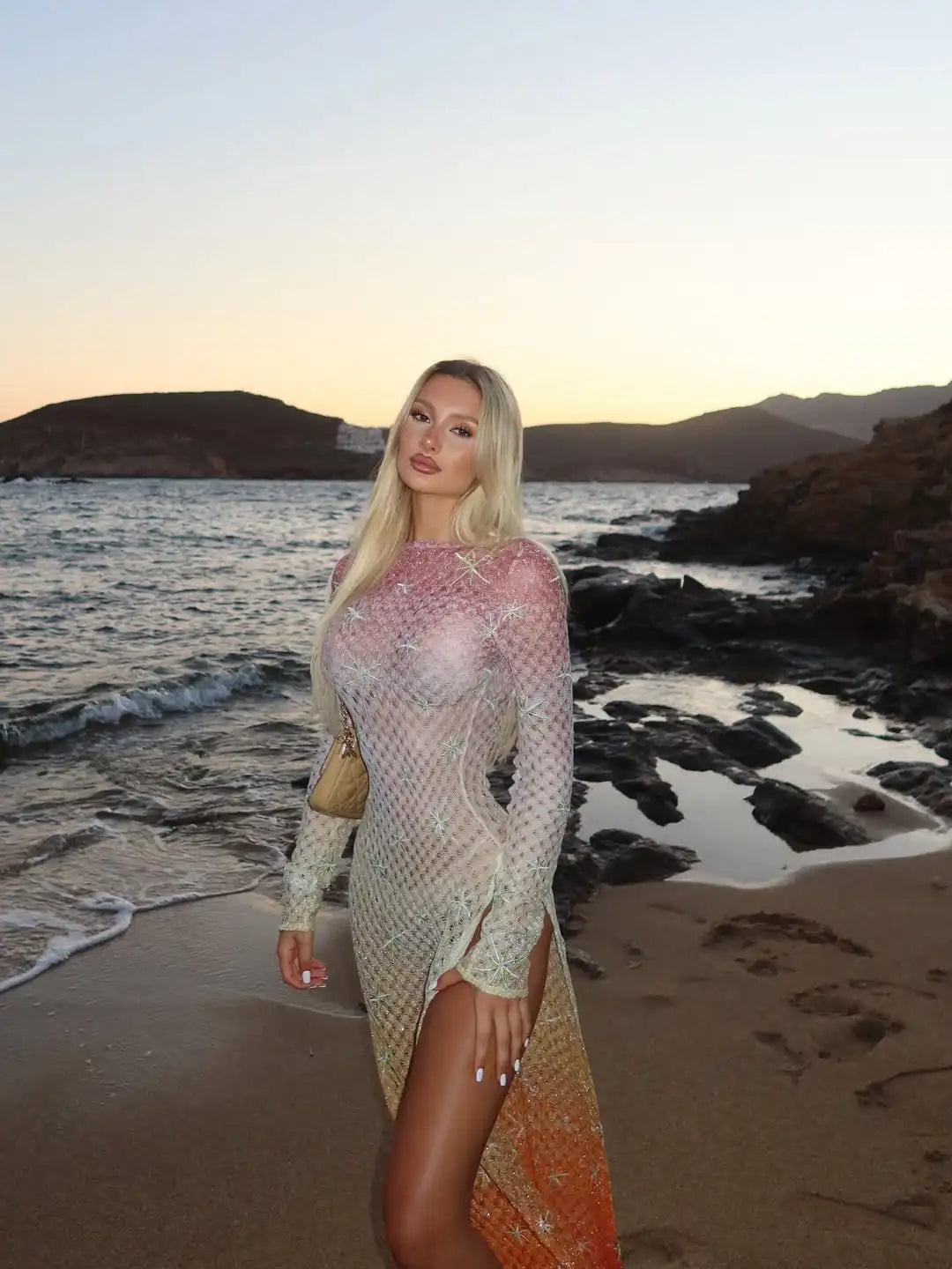 One Shoulder Dress Cutout Mesh Cover Up Colorful Print Swimsuit Coverup Bodycon Maxi Dress Beachwear Resortwear Outfits - Shellss