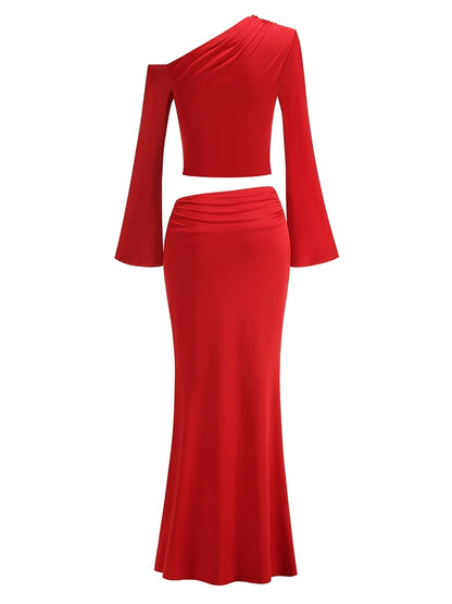 Women's Metal Flower Skirt Two Piece Set Sexy Slanted Neck Long Sleeves Top + Slim Long Skirt Suits Celebrity Party Cocktail