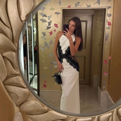 White Black Net Halter Backless