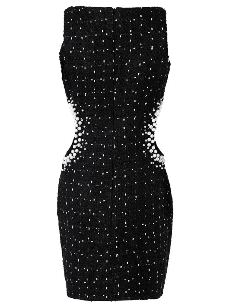 Women Elegant Beaded Design Cutout Slim Fit Party Evening Dress