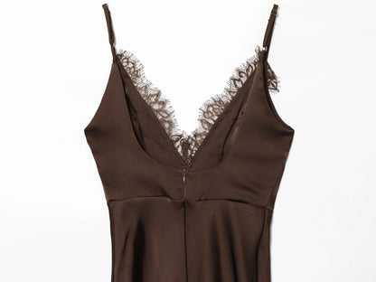 Brown Lace Trim Cami Dress