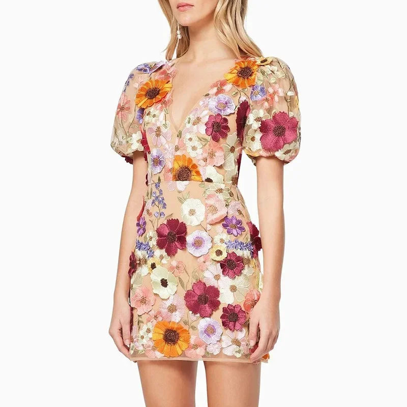 3D Flower Embroidered Lantern Sleeve