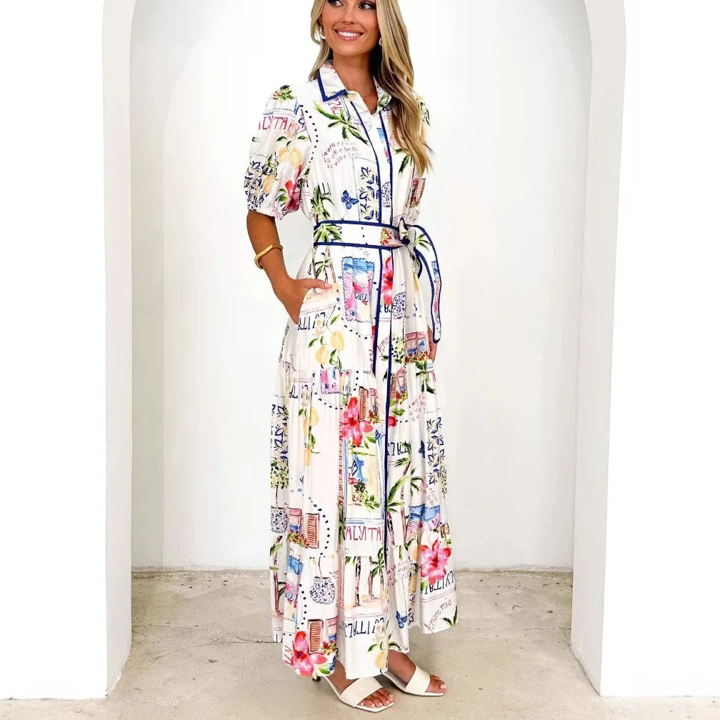 Floral Print Cotton Linen Short Sleeve Dress