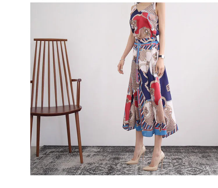 H Han Queen Hot Sale Summer Women Print Work 2 Pieces Set Camisole Top Blouses + Vintage A-Line Skirt Korean Simple Skirt Suit
