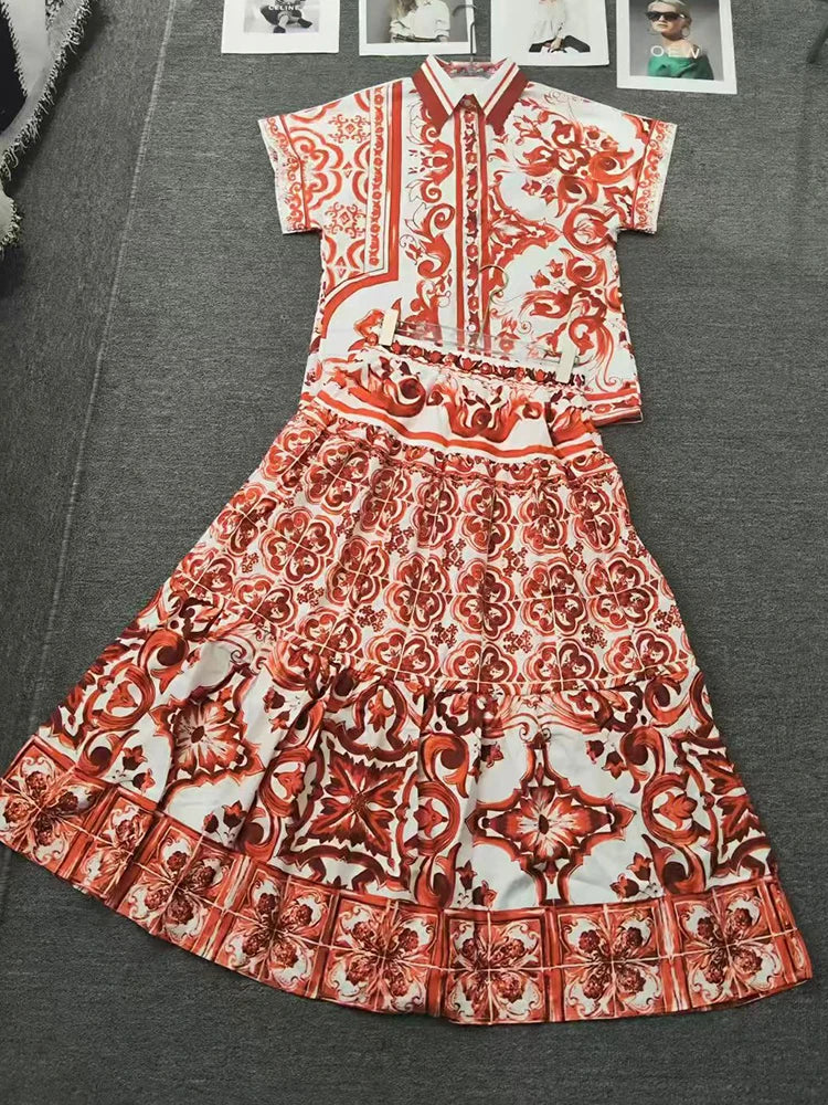 2026 Summer Women's Clothing Retro Geometric Print Sexy Suspender Lapel Shirt Two-piece Set + Shirring Loose Skirt Fashion Suit - Shellss