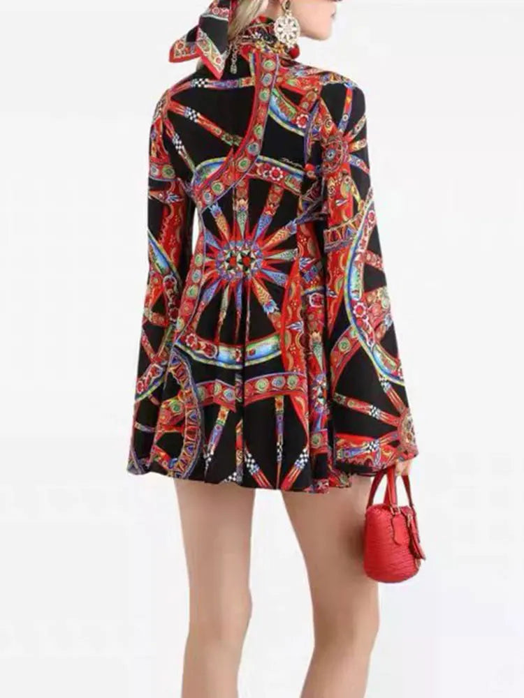 Retro Color Wheel Print High-Neck Long-Sleeve Slim Fit Mini Dress for Women Autumn Elastic Waist Holiday Banquet Temperament Dre - Shellss