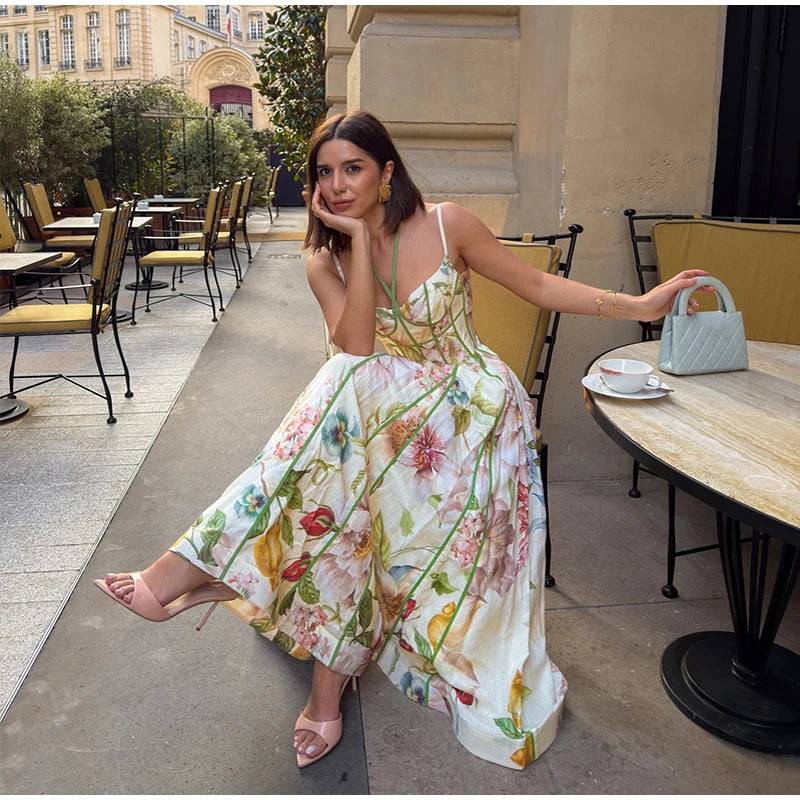 Women's Floral Print Linen Blend Maxi Dress Sweetheart Neckline Sleeveless Panelled Form With Contrast Floral Print