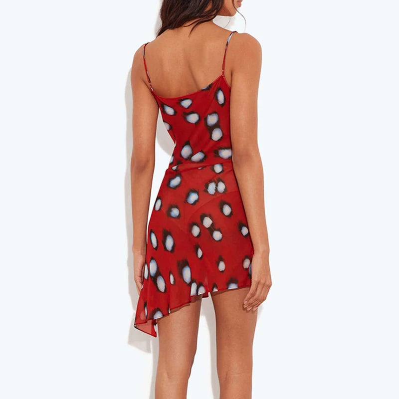 V Neck Lace Up Women's Casual Dress New Thin Mesh Spring Summer Dress Polka Dot Print Flared Sleeves Slim Fit Yacht Party Dress