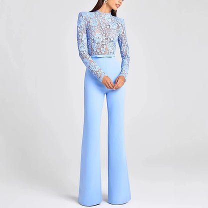 Jacquard Lace High-waisted Jumpsuit Embroidery Crochet