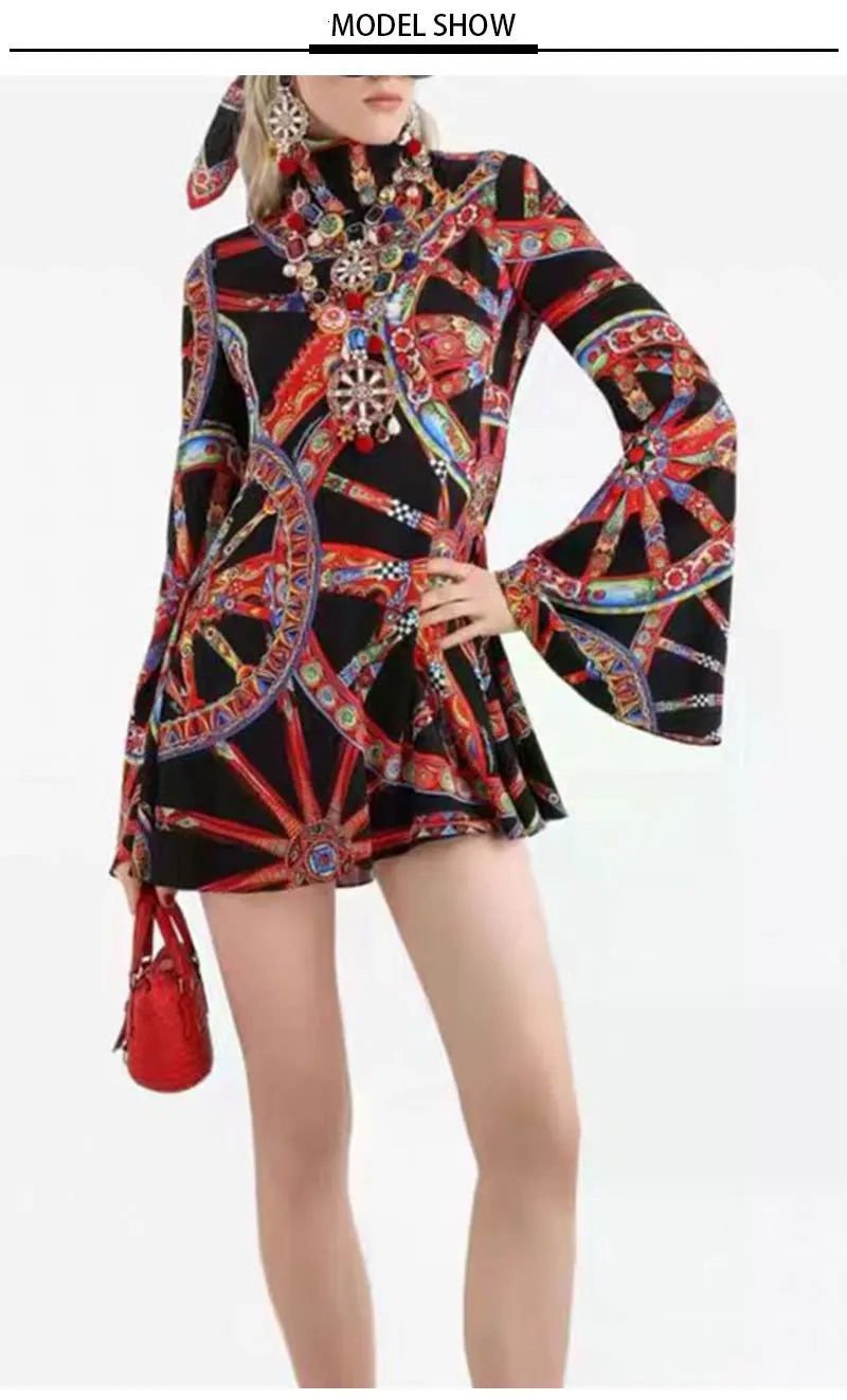 Retro Color Wheel Print High-Neck Long-Sleeve Slim Fit Mini Dress for Women Autumn Elastic Waist Holiday Banquet Temperament Dre - Shellss