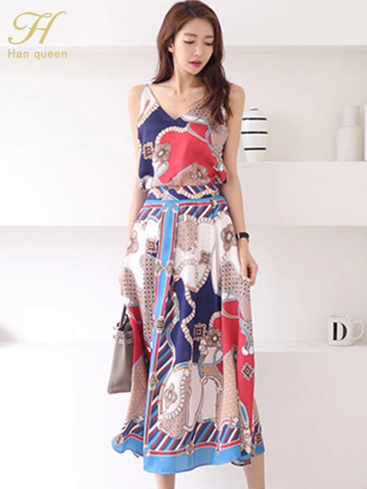 H Han Queen Hot Sale Summer Women Print Work 2 Pieces Set Camisole Top Blouses + Vintage A-Line Skirt Korean Simple Skirt Suit