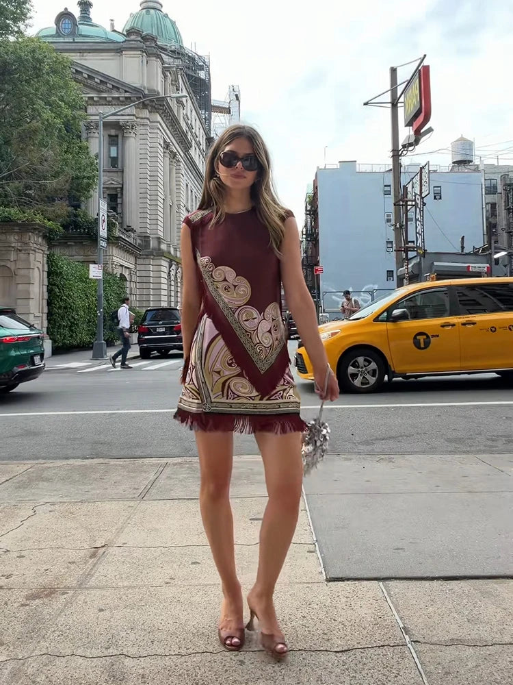 Women Retro Scarf Print Fringe Two Piece Set Sleeveless Round Neck Top Mini Skirt Boho 2026 Summer Vacation Matching Outfit