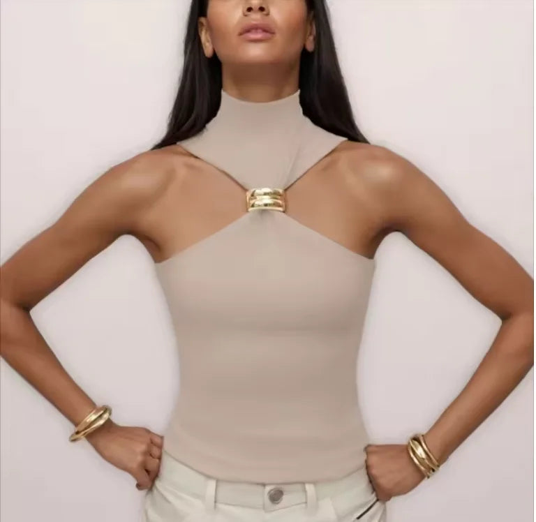 Metal Ring Sleeveless Elegant Slim Fit Women's Tank Tops Solid Fashion Sexy Cropped Tops Sexy Off Shoulder Ladies Tanks Vest