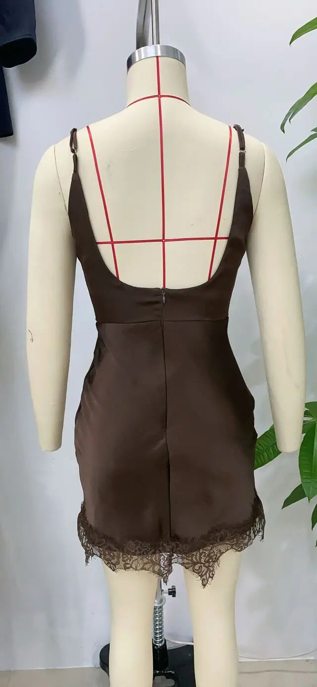 Brown Lace Trim Cami Dress