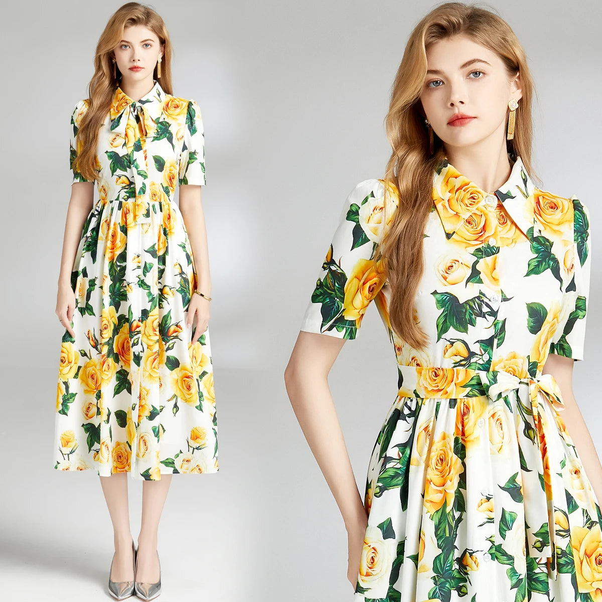 Yellow Rose Print Belted Shirt Dress