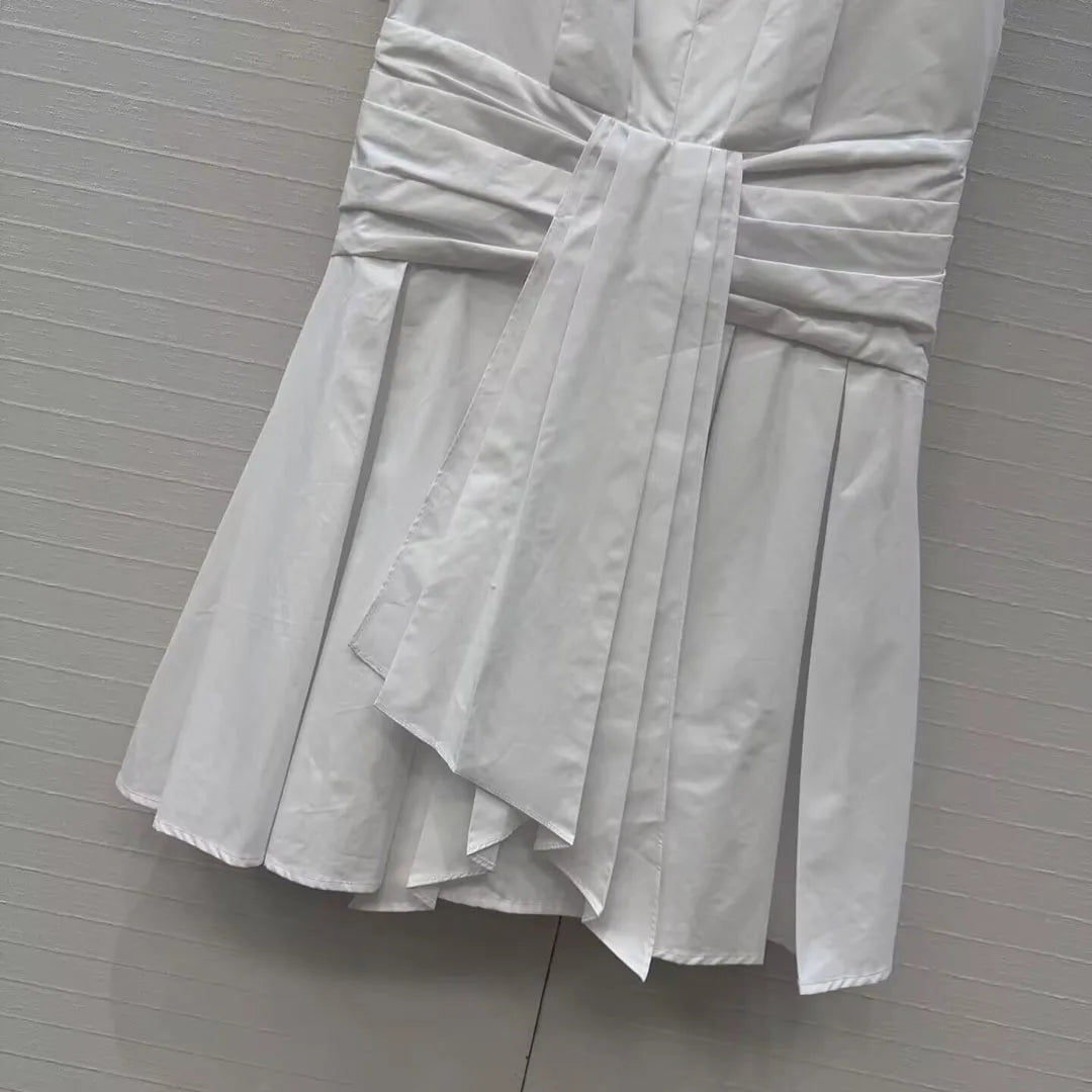 Elegant Fashion Summer White Dress Women Sweet Lapel Sleeveless Slim Wasit Lace-up Belt Mini Dresses