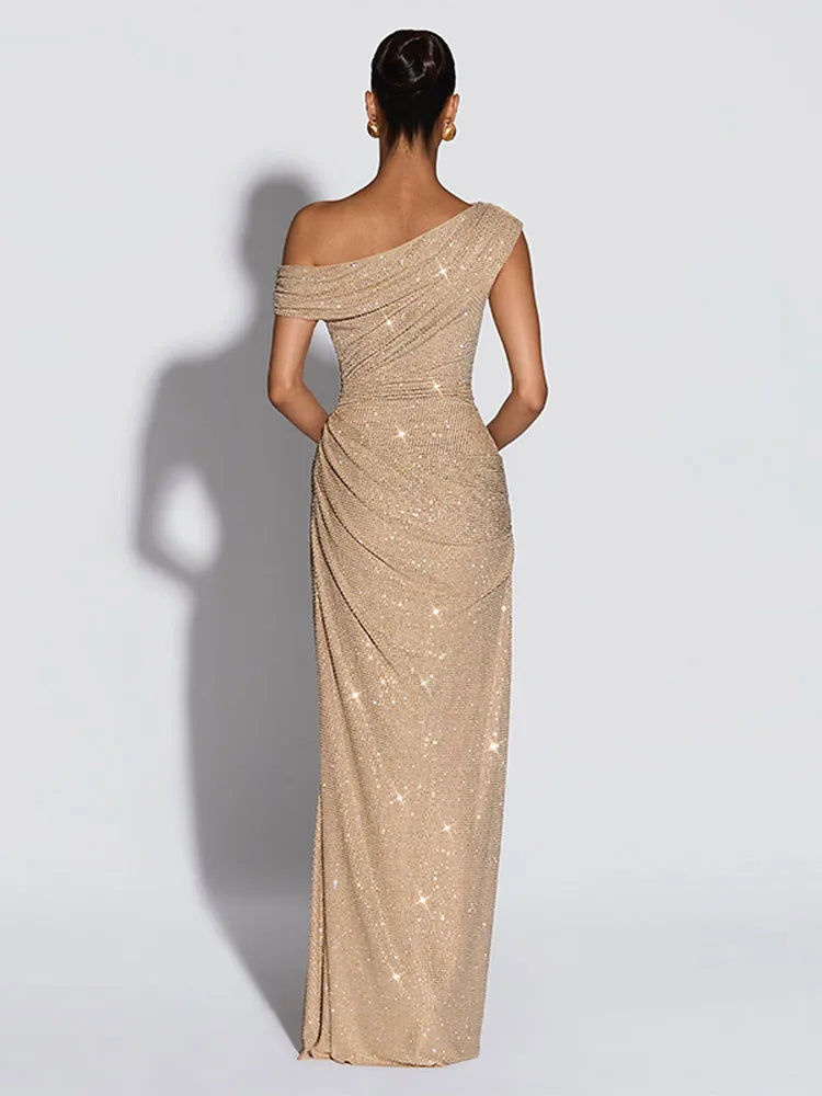 Elegant One Shoulder Sequins Party Dress Chic Sexy Backless Fold Design Slim Fit Female Long Gown 2026 NEW Party Evening Outfits