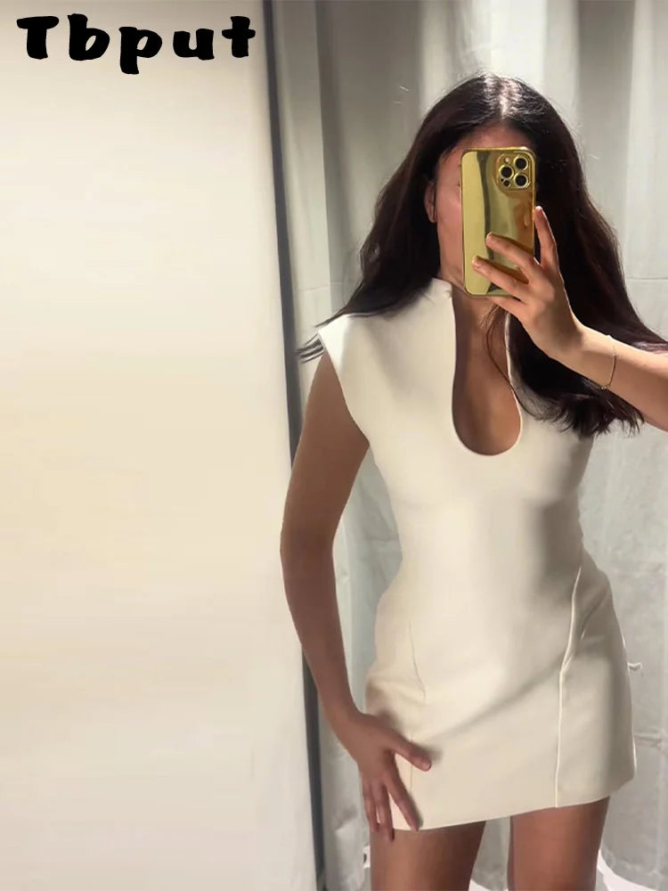 Elegant Slim Women's Dress Stand Collar Hollow Out Sleeveless Waist-Closed Lady Mini Dresses 2026 Spring Summer Female Robe