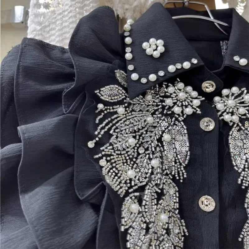 Neploe Heavy Beading Sequin Wing Shirt for Women 2024 New Lapel Neck Black Blouses Y2k Long Sleeve Ruffles Blusas Mujer