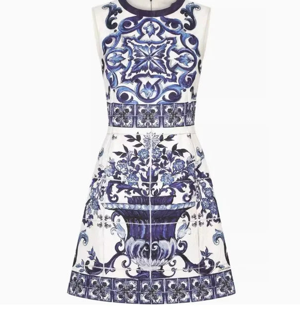 Street Style Floral Print  Dress Waist Cinched Sleeveless round Neck Vest Dress Yellow Porcelain Pattern Summer New Arrival - Shellss