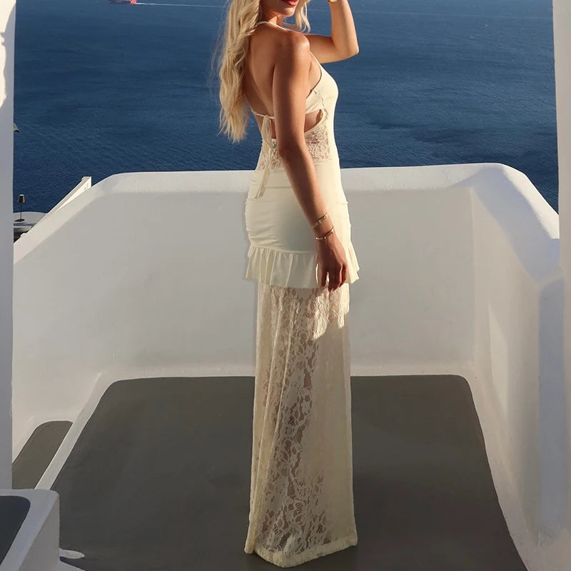 2026 Sexy Asymmetric Slimming Evening Dress Fashion Lace Patchwork Solid Color Women's Dress Elegant Lace Sleeveless Long Dress - Shellss