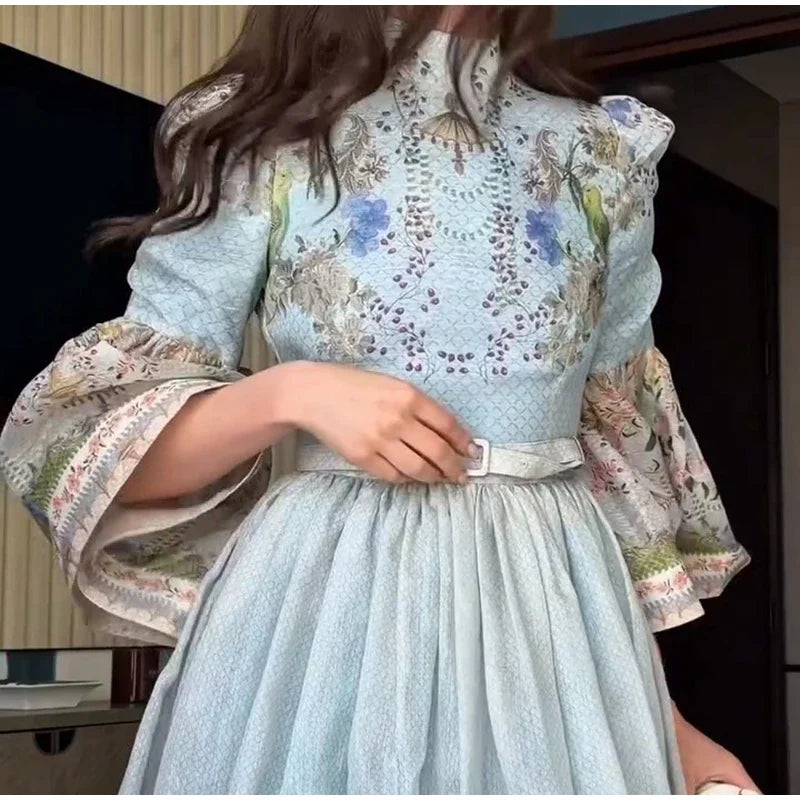 Floral Print Women Dress Button Down Mock Neck Maxi Dresses Long Lantern Sleeve A-Line Waist Belt Flared Hem Elegant Streetwear - Shellss